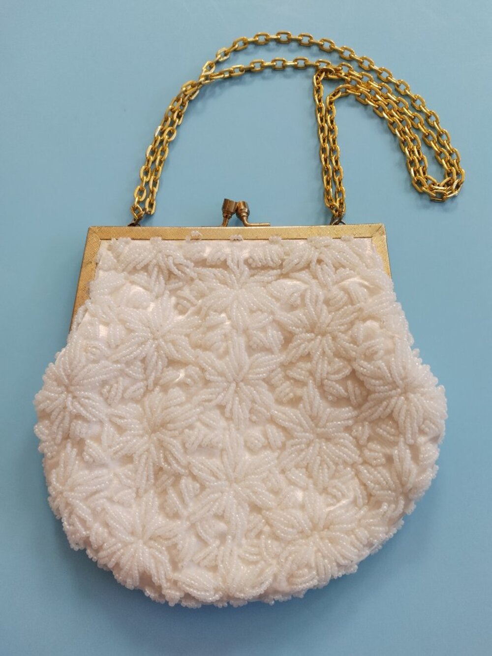Vintage Beaded White Clutch Purse with Chain Handle